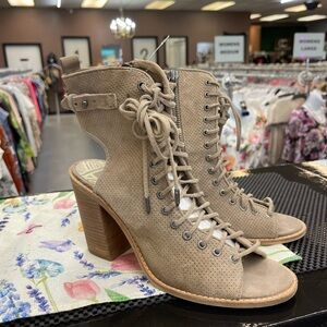 Dolce Vita Taupe Lace-Up Open-Toe Block Heel Sandals